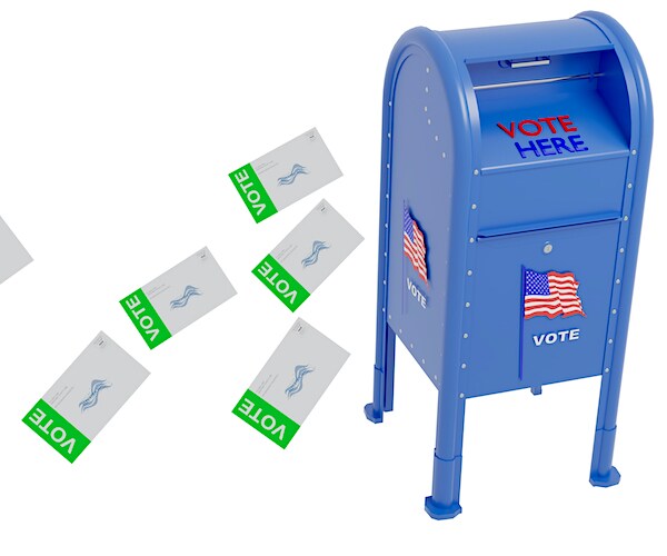 votes fly into a blue mailbox in a mail-in ballot mock up