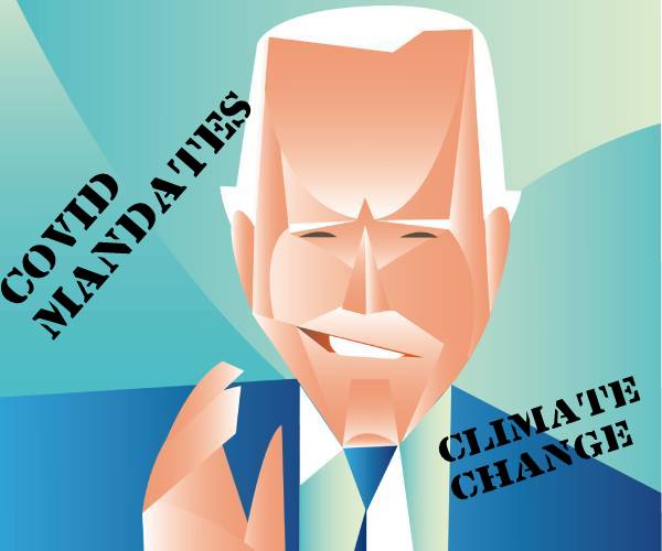 cartoon of biden with the words climate change and covid mandates on either side of him