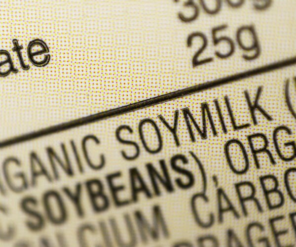 a food label is shown listing soy milk as an ingredient