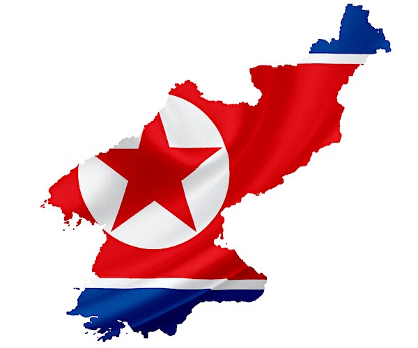 a map of north korea shown graphically with its country flag draped over it