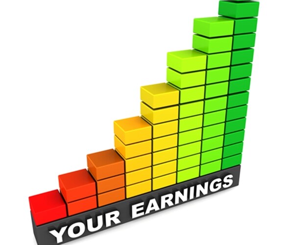 earnings graph growing and going up, white background, green yellow and red color graph 