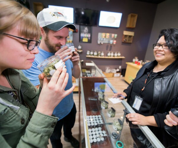 a man and woman sniff legal cannabis as a salesperson looks on 
