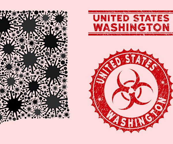 Coronavirus collage Washington State map and red corroded stamp seals with biohazard sign.