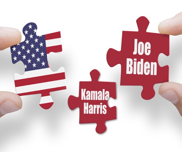 puzzle pieces including an american flag and the names kamala harris and joe biden