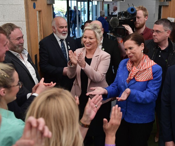 Sinn Féin leaders with candidates and activists at the declaration in Northern Ireland's Election