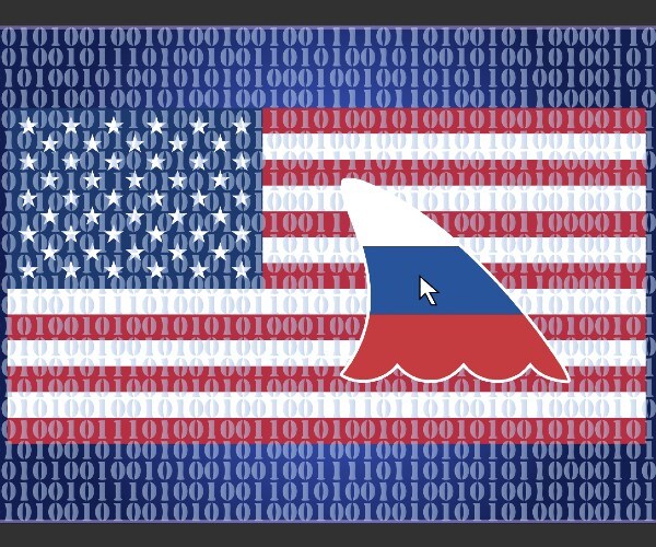 an american flag with a shark fin in russian flag colors over it and zeros and ones