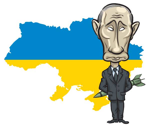 cartoon of putin with nuclear missile behind his back standing in front of a map of ukraine