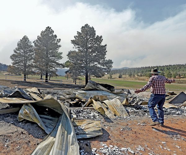 man looks at through the remains of his home destroyed by wildfire
