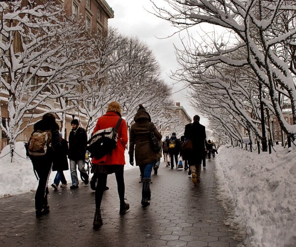 students wearing coats walk on the walkway with trees covered in snow surrounding them