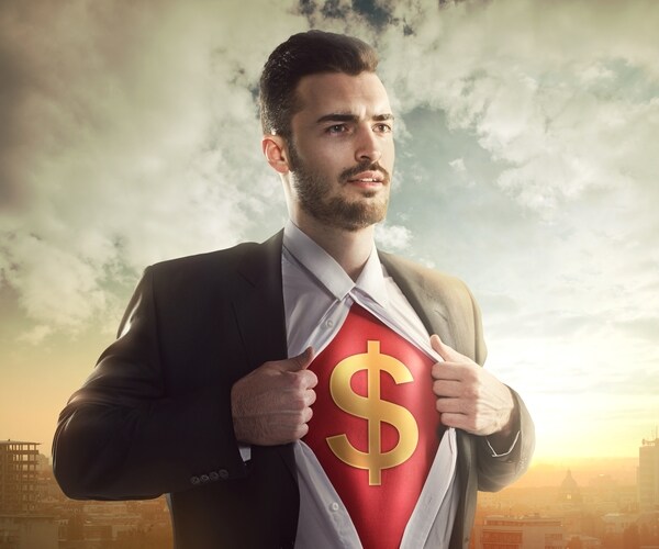 businessman with dollar sign as superhero background outdoors