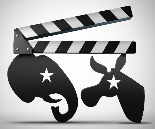 republican elephant and democratic donkey with a movie clapboard over it