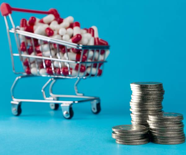 a miniature shopping cart full of medicine capsules next to a stack of coins