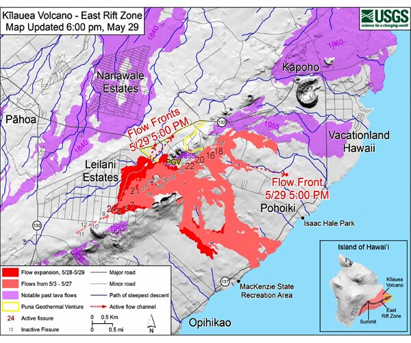 Hawaii Lava on Highway 132 Cuts Access, Destroys Utility Poles