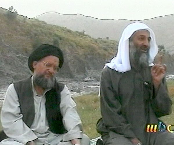 Osama bin Laden (right) and top deputy Ayman al-Zawahri, (left) are seen in this image broadcast in 2002