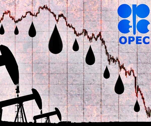 OPEC logo, oil drops and silhouette industrial oil pump jack with devaluation graph