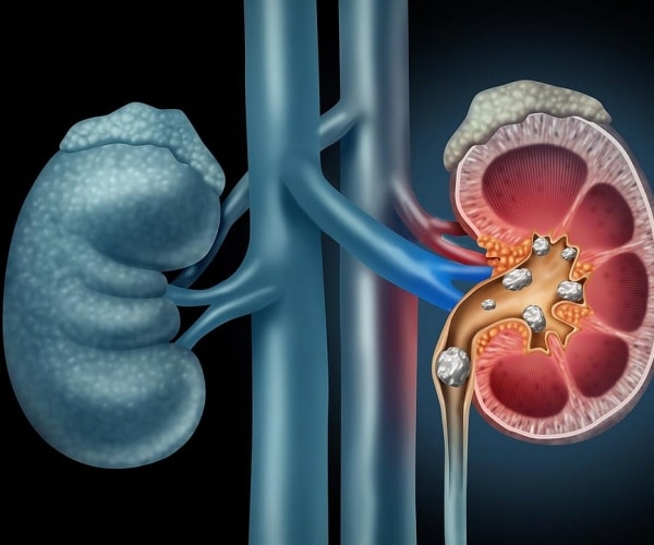 illustration of kidneys, one with kidney stones