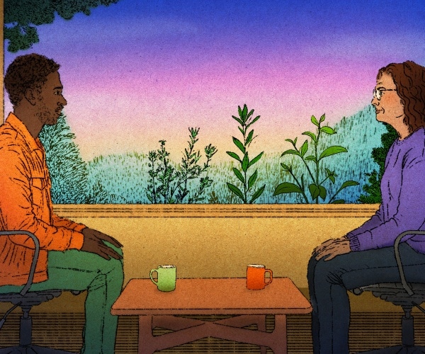 illustration of man and woman sitting across table with coffee mugs talking