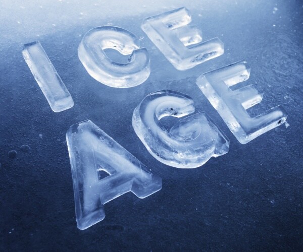 words ice age made of ice letters on ice background