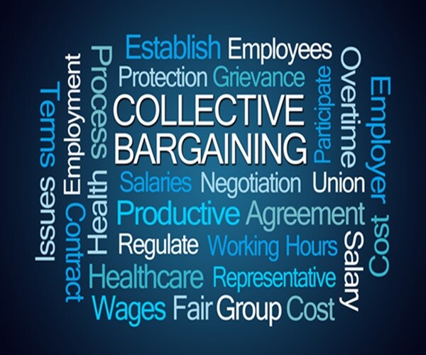 Collective Bargaining Word Cloud on Blue Background