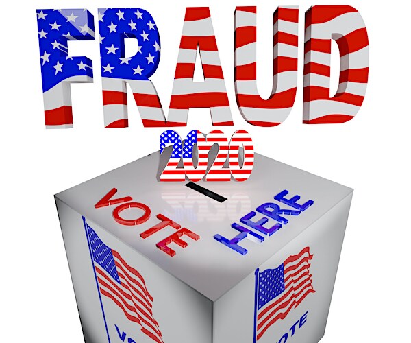 a graphic illustration of voter fraud and a ballot box marked 2020