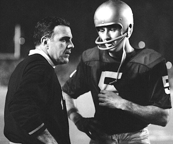 Notre Dame Coach Ara Parseghian and his quarterback Terry Hanratty against Miami in the Orange Bowl in 1967
