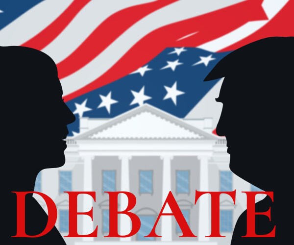 graphic of kamala harris and donald trump in front of the white house with the word debate in front