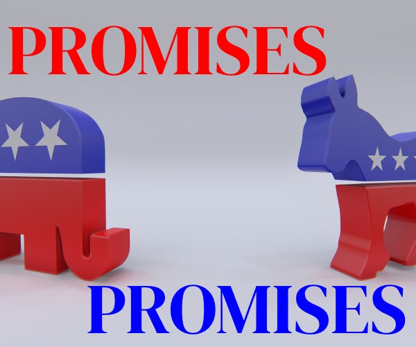 republican elephant and democratic party donkey symbols with the words promises promises