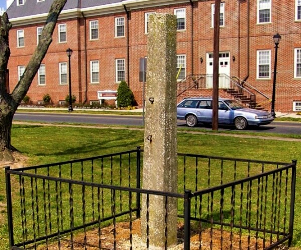 whipping post standing outside a building in the grass