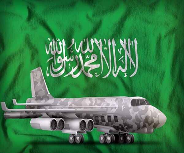 bomber with city camouflage on the saudi arabia flag background.


