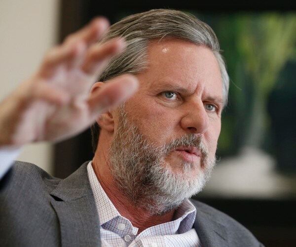 Jerry Falwell Jr. speaks to the media during an interview