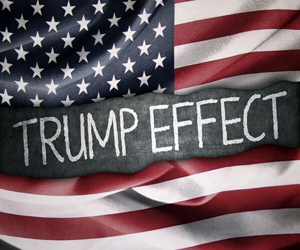picture of an american flag and text trump effect, symbolizing trump effect in america 

