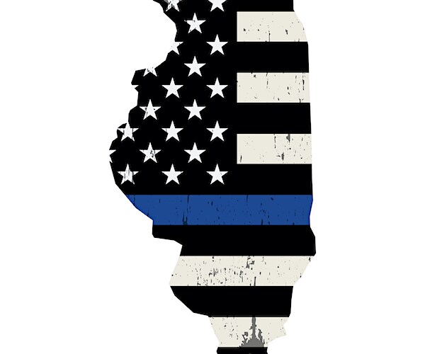 an illinois state map with an american flag and a thin blue line to represent supporting police