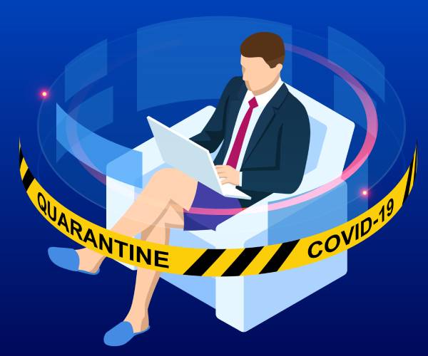 illustration of man sitting at laptop with business suit on top and shorts and slippers below