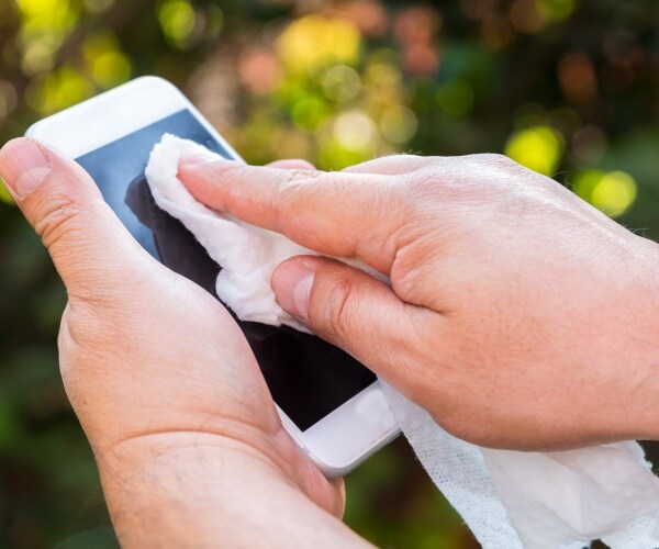 person cleaning a cell phone