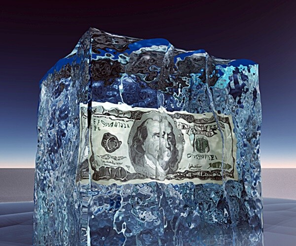 one hundred dollar bill frozen in ice 