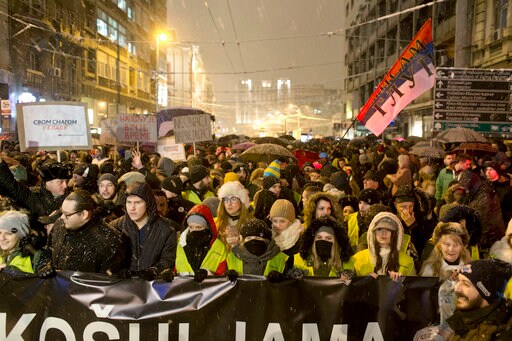 Thousands Brave Snow to Rally against Serbian Leader