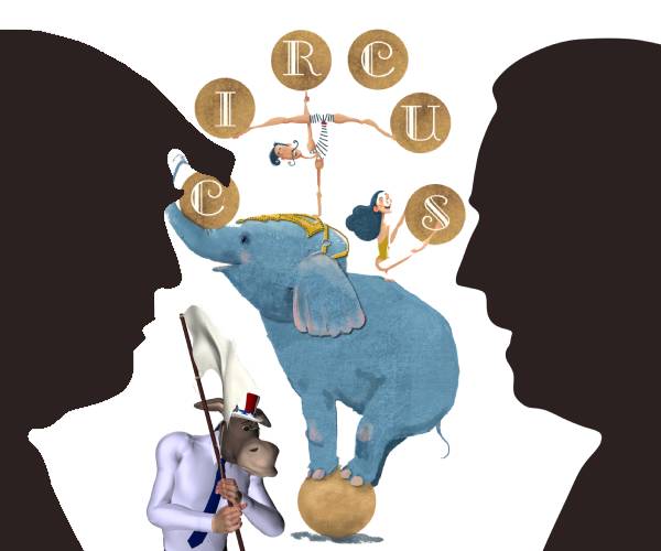view of trump and biden with an elephant juggling balls reading circus while a democrat donkey waves a surrender flag