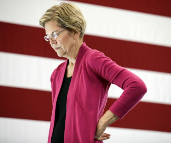 sen. elizabeth warren in a black shell blouse and pink cardigan with the american flag draped in the background
