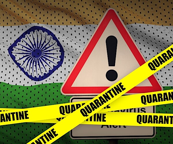 india flag with yellow quarantine tape and warning signs