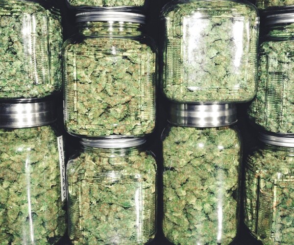 pot in clear glass jugs in a dispensary