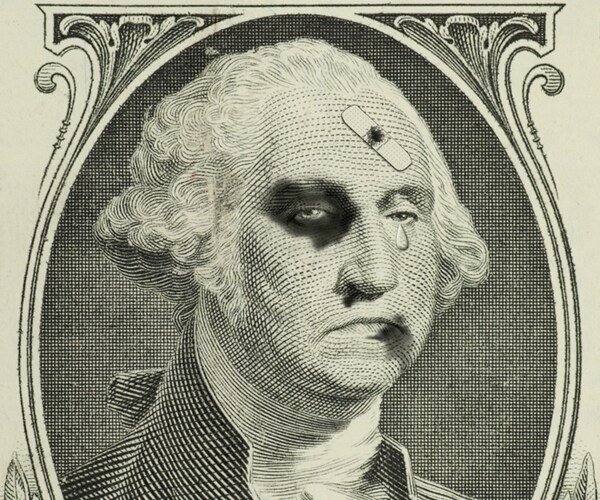 a teary eyed and severely beaten george washington on a dollar bill 