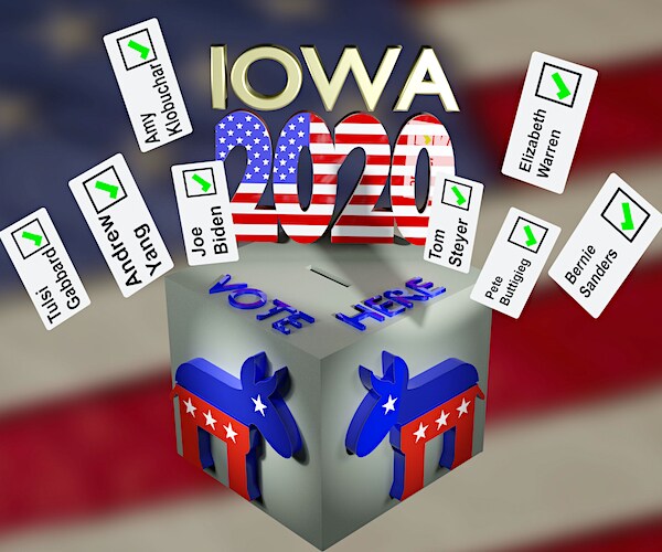 a graphic showing the iowa caucuses with the candidates names around a ballot box