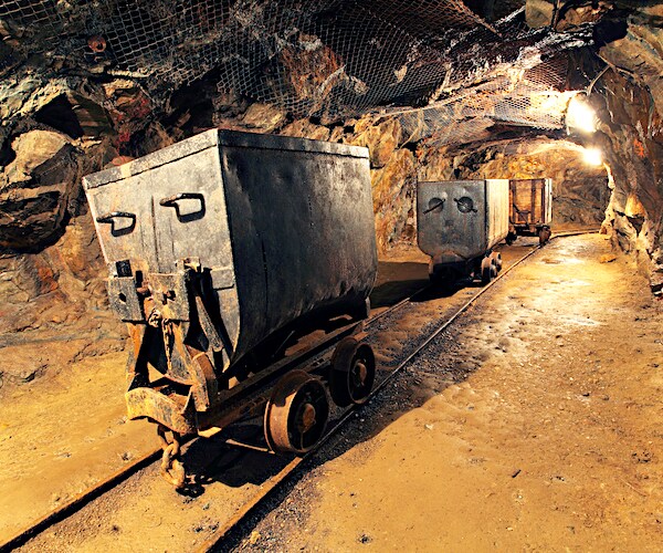 mining carts in a dark silver, gold, and copper mine