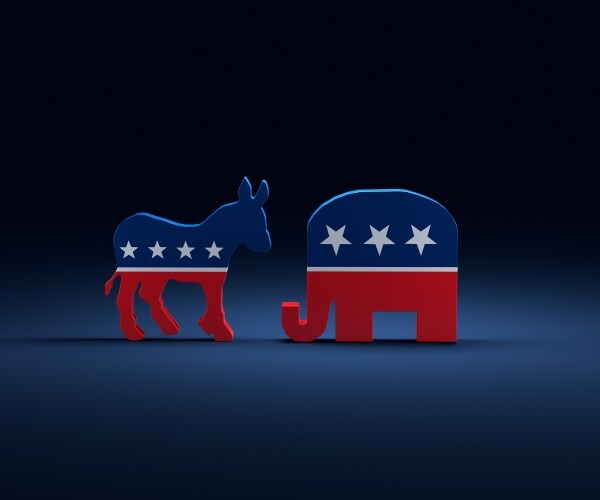 democrats donkey vs republicans elephant symbols on dark blue background