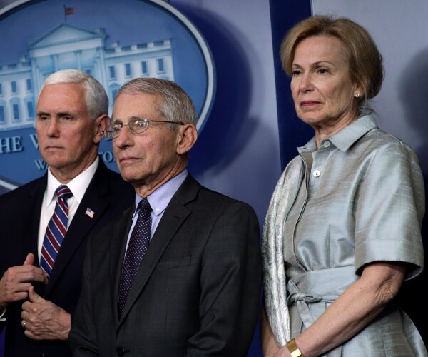 birx in a silver dress fauci in a suit and navy blue tie and pence in a striped tie