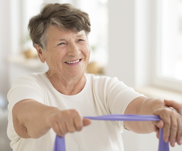 a senior woman using an exercise band