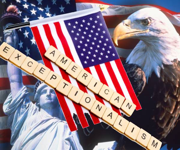 american exceptionalism written over a flag the statue of liberty and a bald eagle