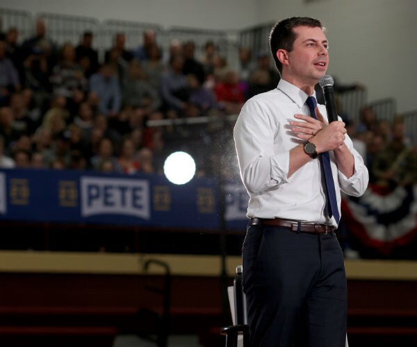 Pete Buttigieg speaks at Lincoln High School during a Get Out The Caucus rally February 2, 2020 in Des Moines, Iowa.