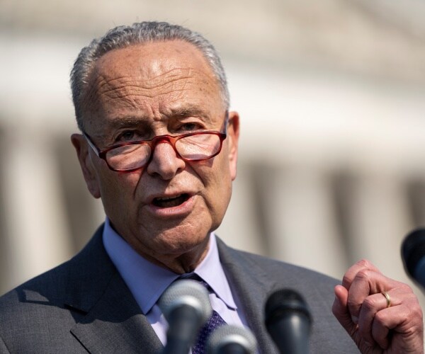 Senate Majority Leader Chuck Schumer speaks during a news conference.