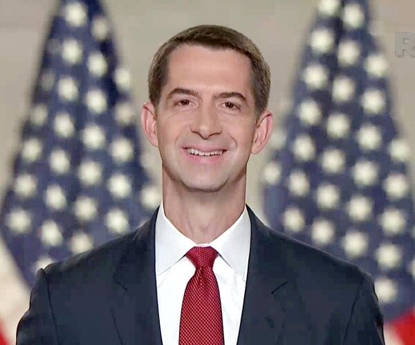 tom cotton smiles standing in front of flags